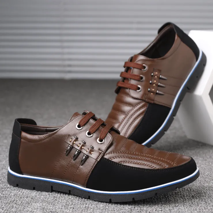 Men's Leather Shoes Korean Casual Leather Shoes First Layer Cowhide Three-color Lace Round Head Hollow Dress Youth Shoes