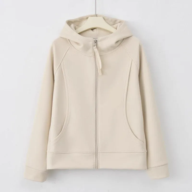 METAVERSMALL Autumn and winter new zipper cardigan solid color temperament sweater thickened warm sports long sleeve splicing hooded top women