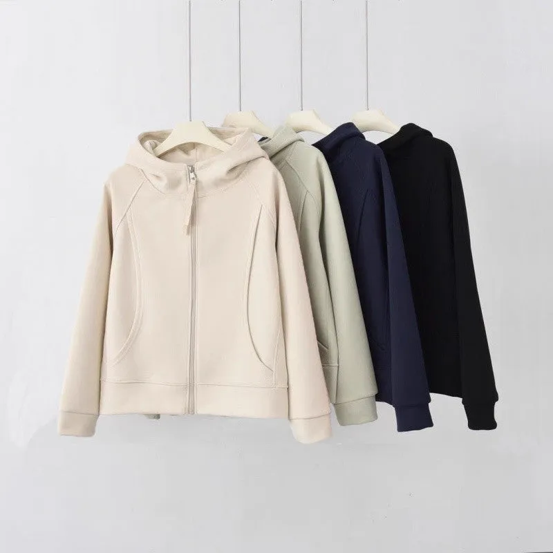 METAVERSMALL Autumn and winter new zipper cardigan solid color temperament sweater thickened warm sports long sleeve splicing hooded top women