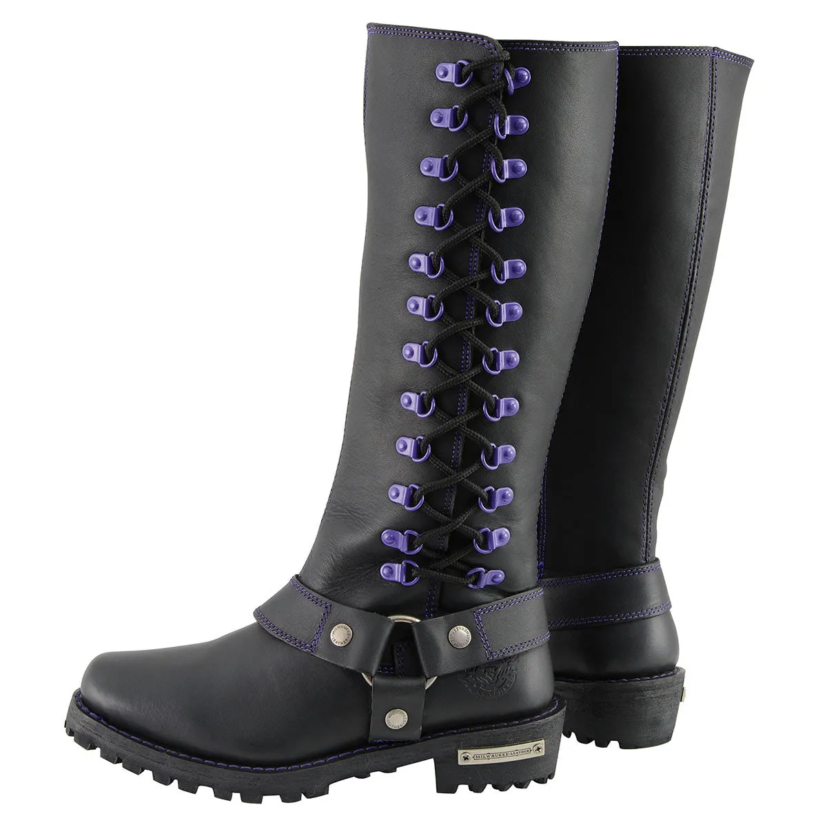 Milwaukee Leather MBL9366 Women's Black 14-inch Leather Harness Boots with Purple Accent Lacing