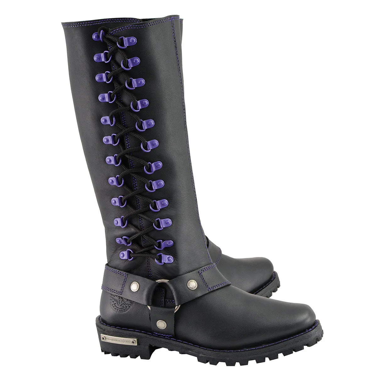 Milwaukee Leather MBL9366 Women's Black 14-inch Leather Harness Boots with Purple Accent Lacing