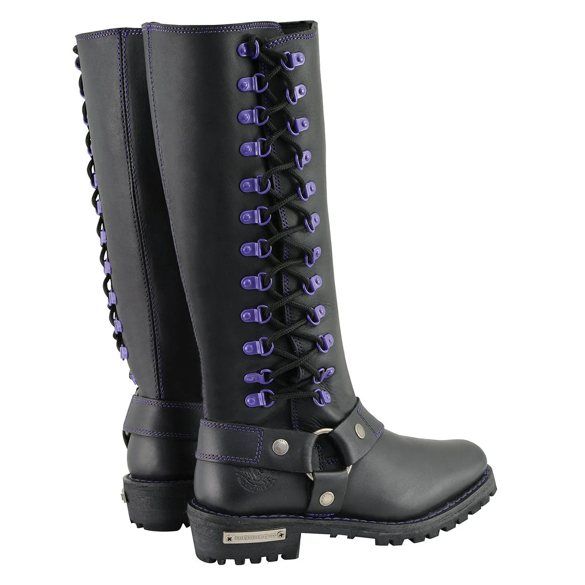 Milwaukee Leather MBL9366 Women's Black 14-inch Leather Harness Boots with Purple Accent Lacing