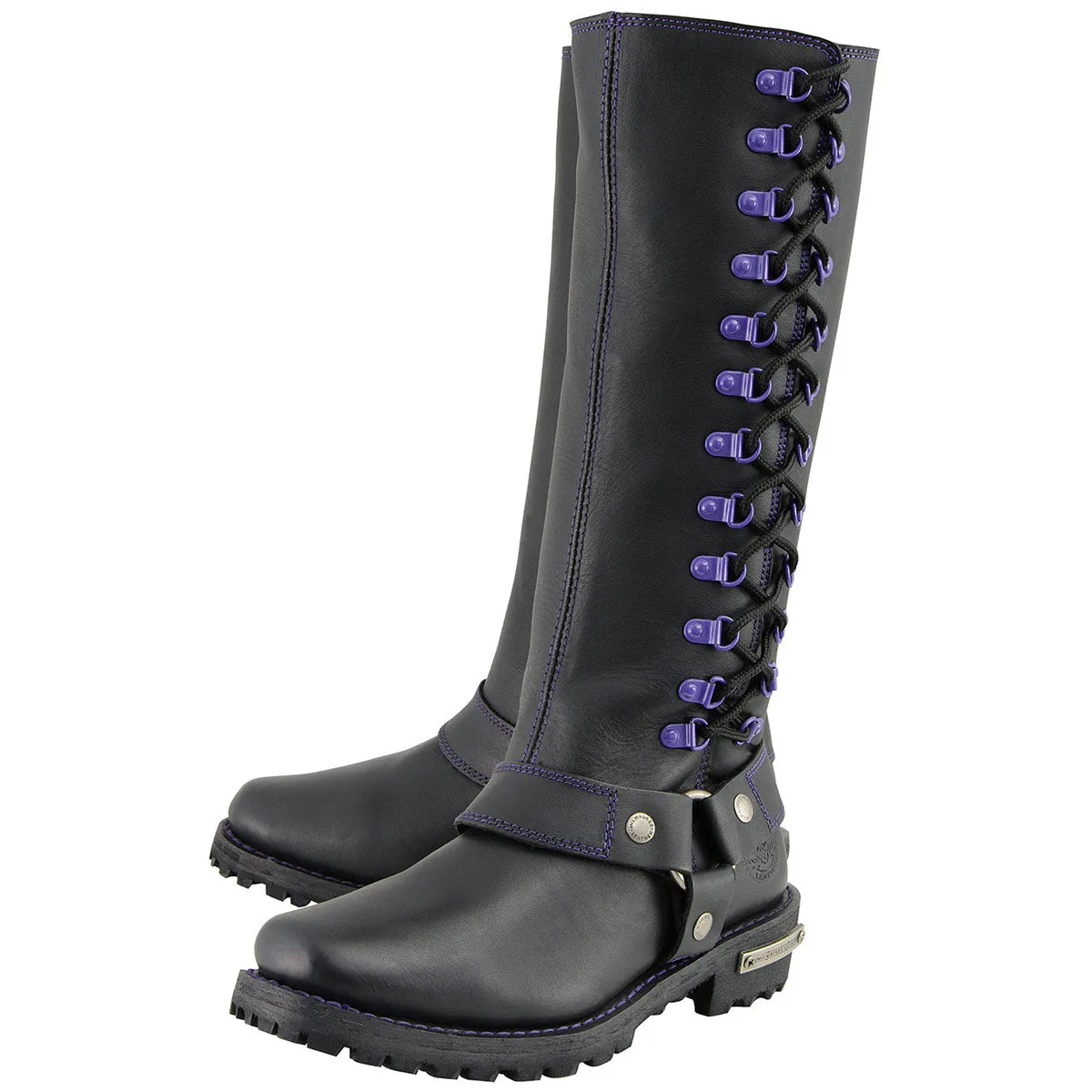 Milwaukee Leather MBL9366 Women's Black 14-inch Leather Harness Boots with Purple Accent Lacing