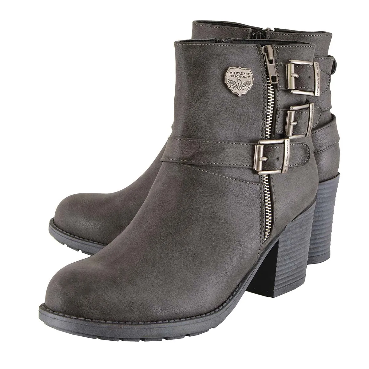 Milwaukee Leather MBL9406 Women's Stone Grey 3-Buckle Leather Boots with Platform Heel