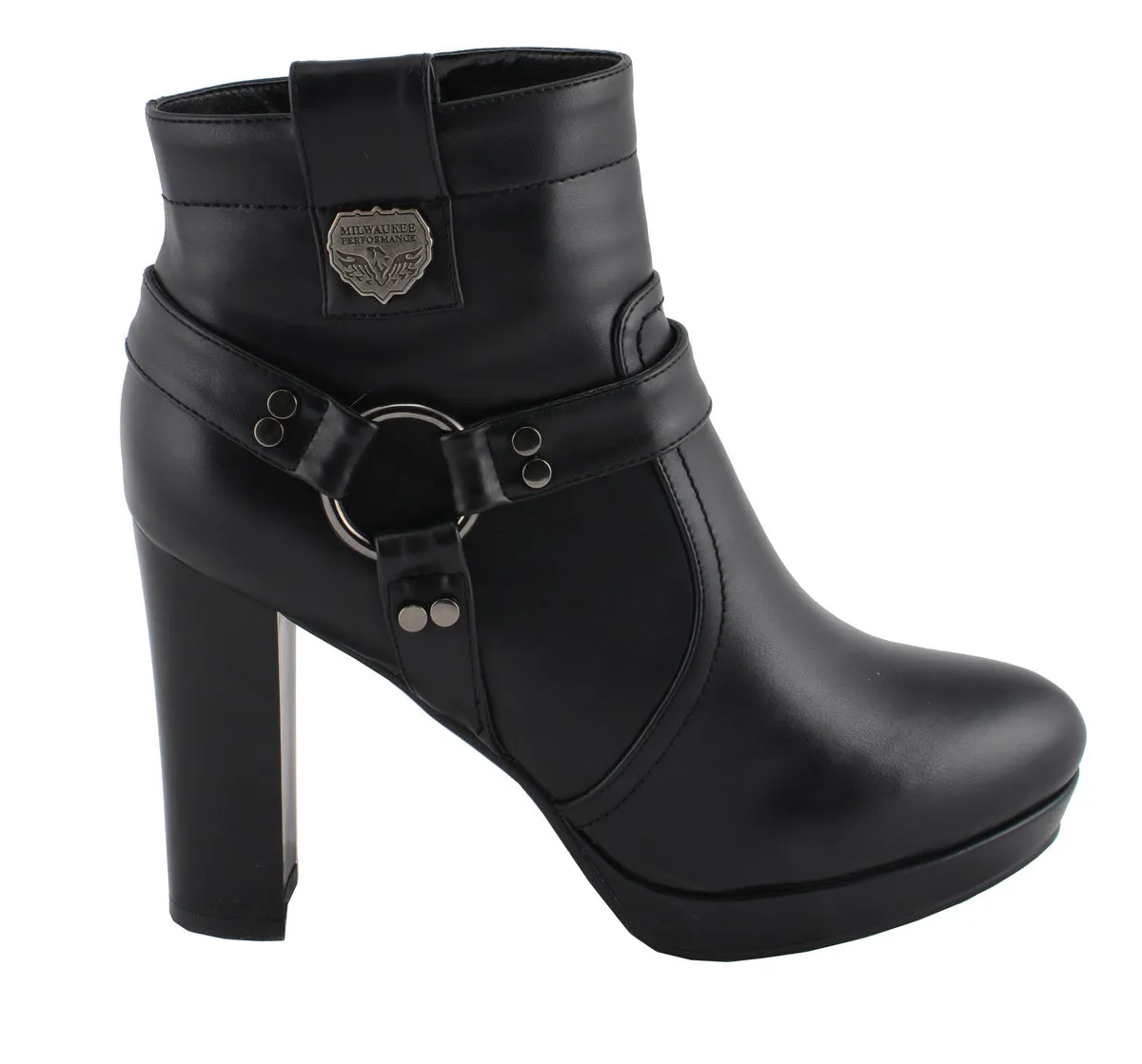 Milwaukee Leather MBL9432 Women's Black Harness Ankle Boots with Block Heel