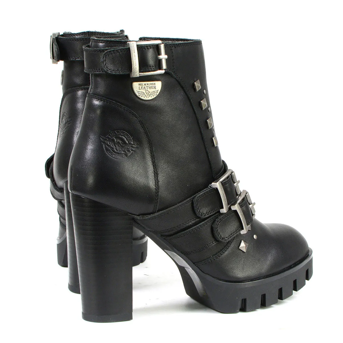 Milwaukee Leather MBL9456 Women's Black Leather Platform Boots with Straps