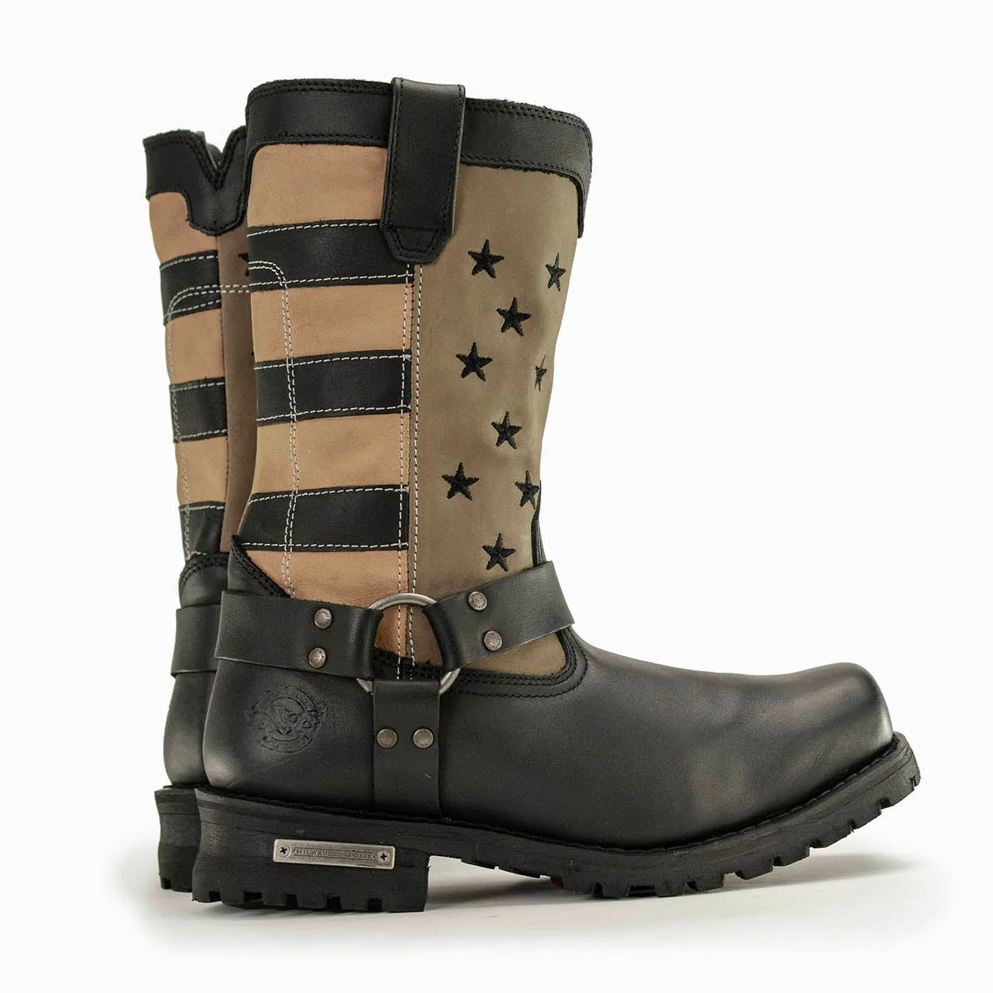 Milwaukee Leather Men's Stars and Stripes Black with Tan Motorcycle Rider Harness Boots MBM9045