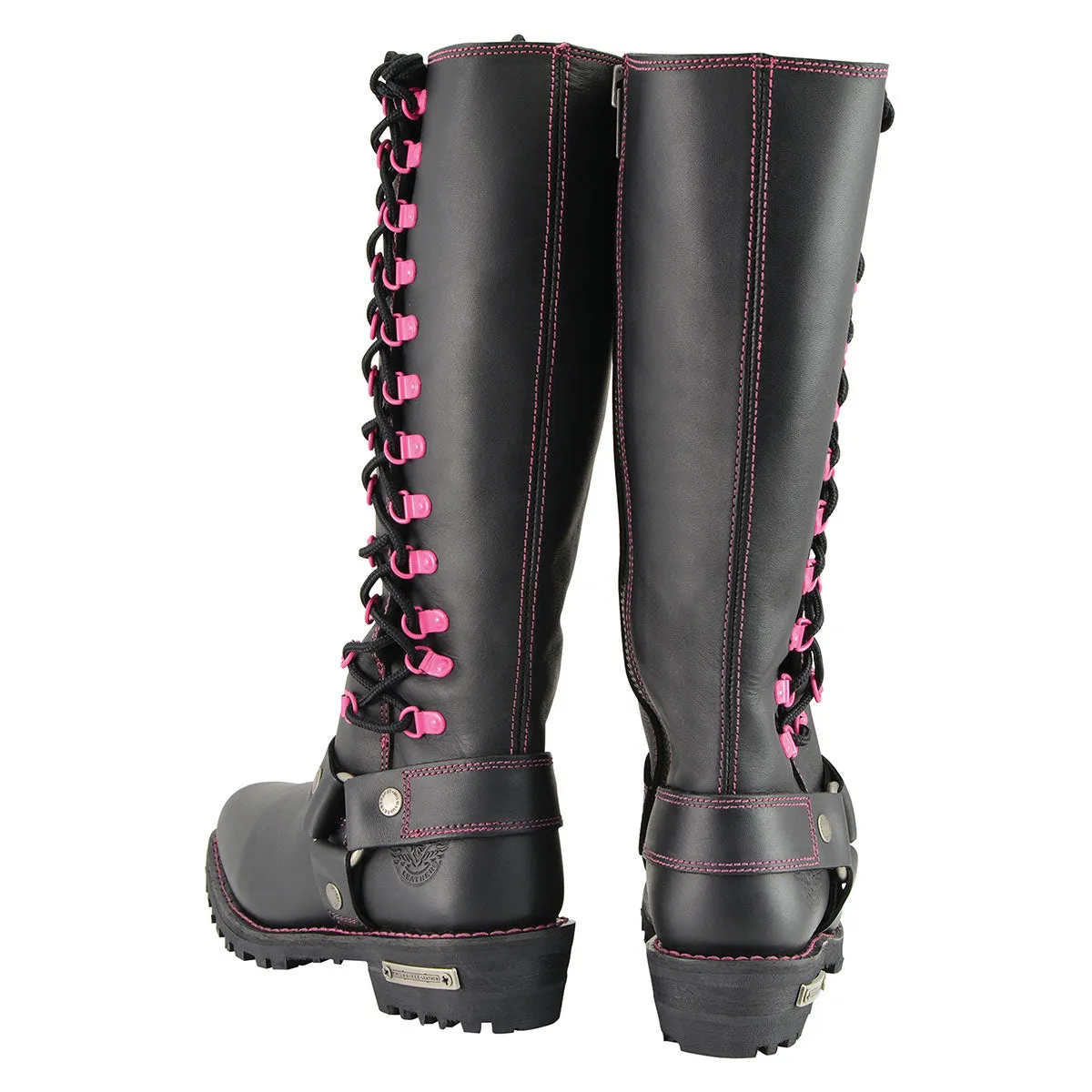 Milwaukee Leather Women's Black 14-inch Leather Harness Motorcycle Boots with Fuchsia Accent Lacing MBL9367