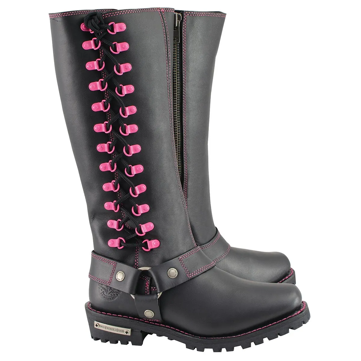 Milwaukee Leather Women's Black 14-inch Leather Harness Motorcycle Boots with Fuchsia Accent Lacing MBL9367