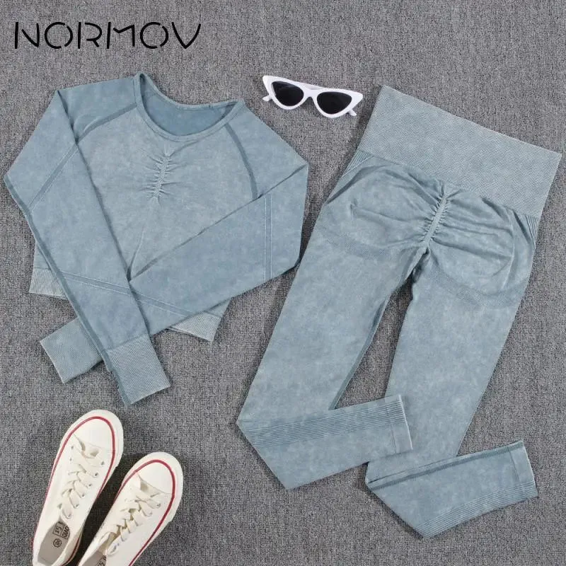 NORMOV 2Pcs Gym Women Sets Seamless Yoga Set High Waist Gym Sportwear Push up Sport Workout Sets Fitness Long Sleeve Gym Suit