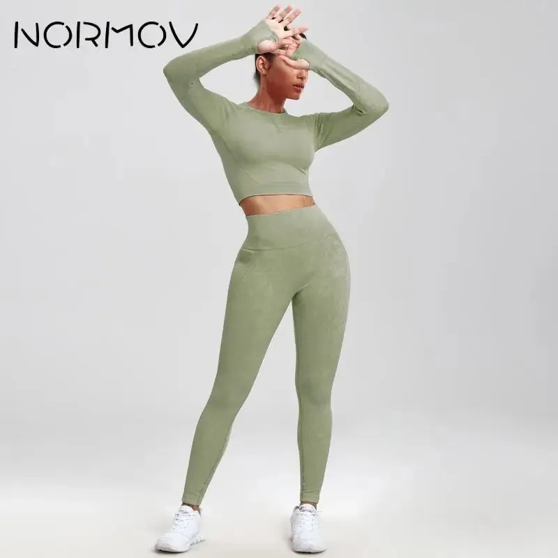 NORMOV 2Pcs Gym Women Sets Seamless Yoga Set High Waist Gym Sportwear Push up Sport Workout Sets Fitness Long Sleeve Gym Suit