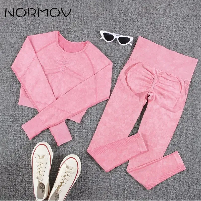 NORMOV 2Pcs Gym Women Sets Seamless Yoga Set High Waist Gym Sportwear Push up Sport Workout Sets Fitness Long Sleeve Gym Suit