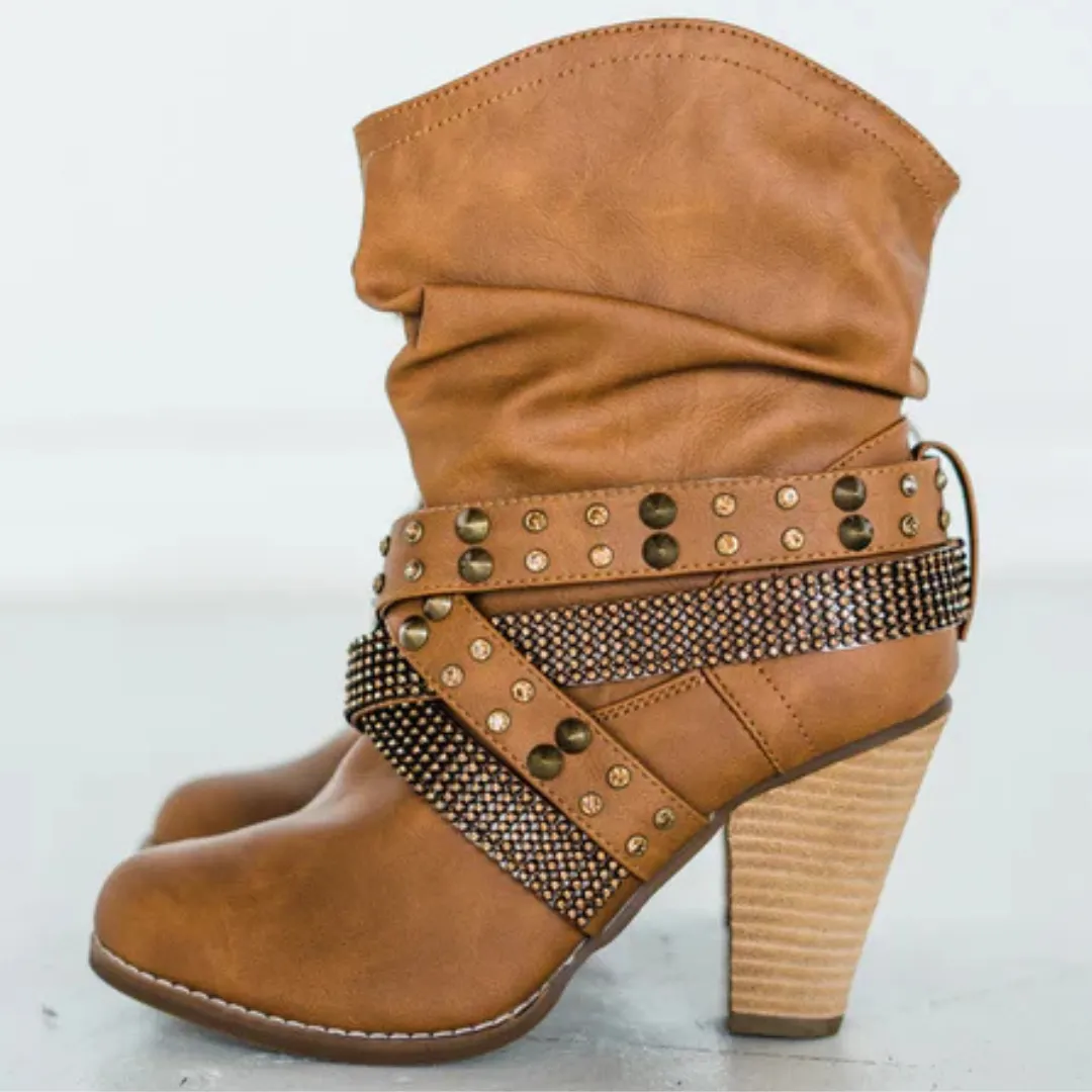 Online Exclusive | Short Change Studded Crisscross Strap Booties in Tan