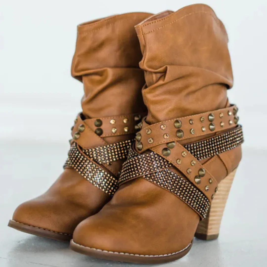 Online Exclusive | Short Change Studded Crisscross Strap Booties in Tan