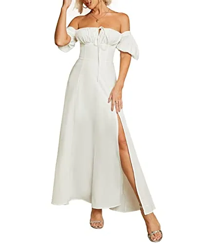 PRODUCTO 13 KUTUMAI Vestido largo de verano con hombros descubiertos, manga abombada, línea A, volantes fluidos, vestidos largos divididos, blanco M