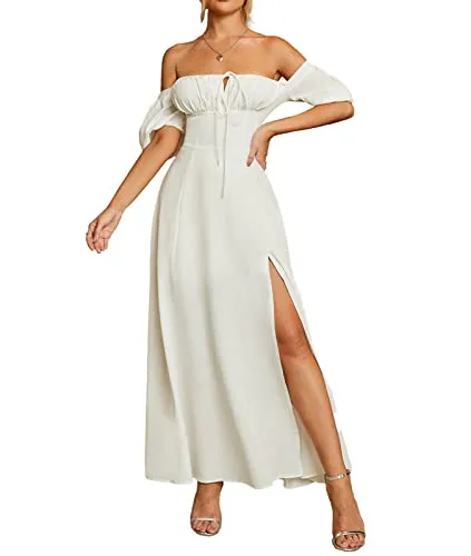 PRODUCTO 13 KUTUMAI Vestido largo de verano con hombros descubiertos, manga abombada, línea A, volantes fluidos, vestidos largos divididos, blanco M