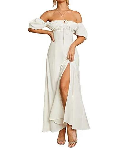 PRODUCTO 13 KUTUMAI Vestido largo de verano con hombros descubiertos, manga abombada, línea A, volantes fluidos, vestidos largos divididos, blanco M