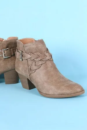 Qupid Distressed Braided Buckle Almond Toe Booties