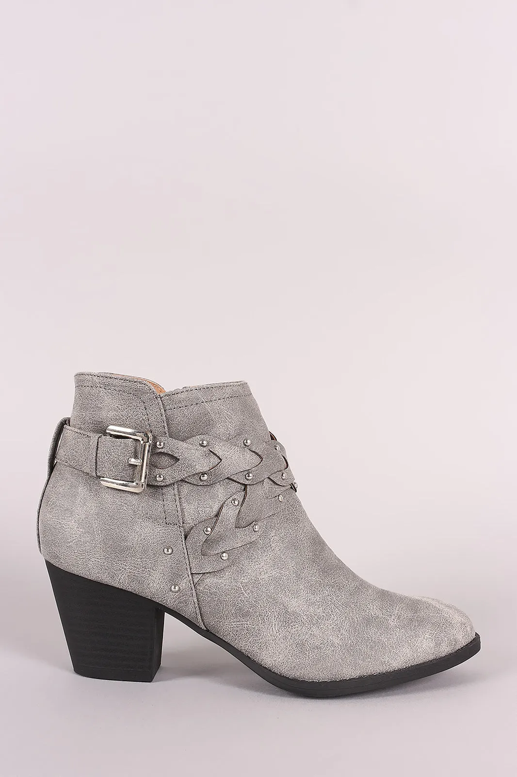 Qupid Distressed Braided Buckle Almond Toe Booties