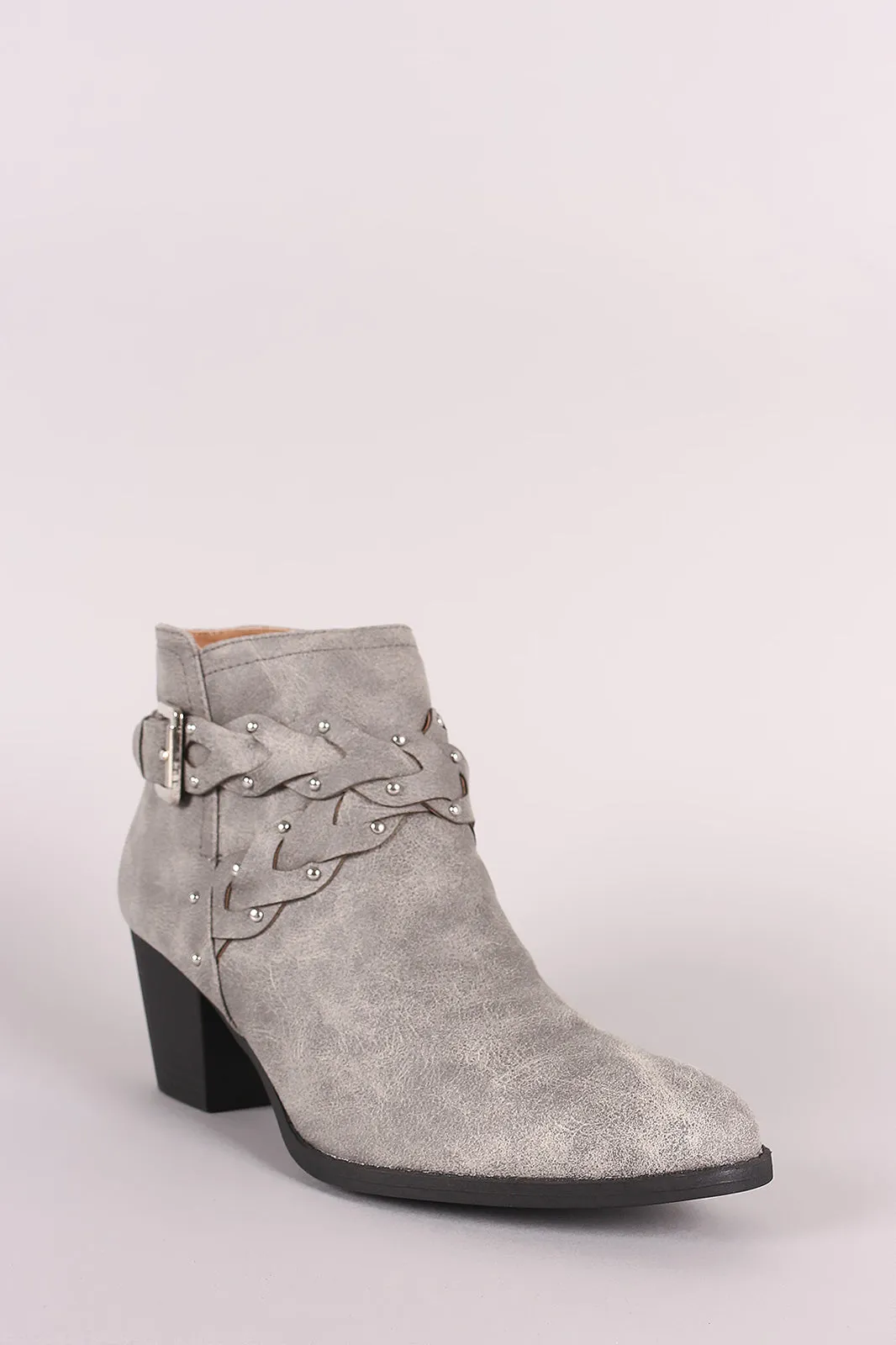 Qupid Distressed Braided Buckle Almond Toe Booties