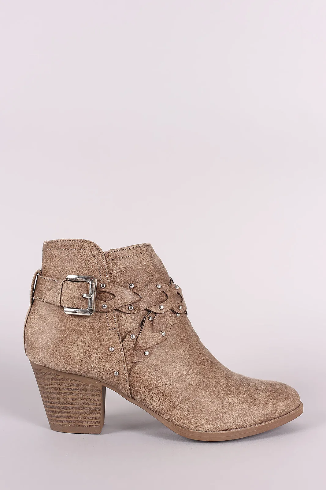 Qupid Distressed Braided Buckle Almond Toe Booties