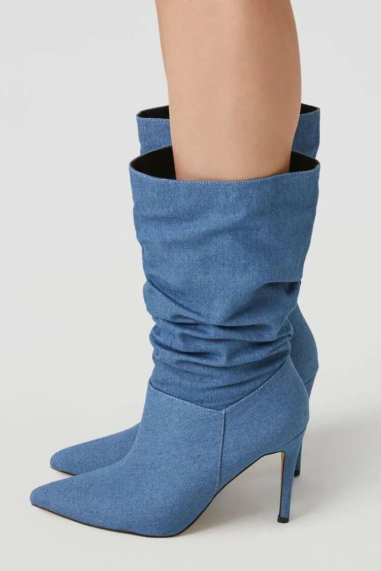 Ruched Denim Stiletto Boots