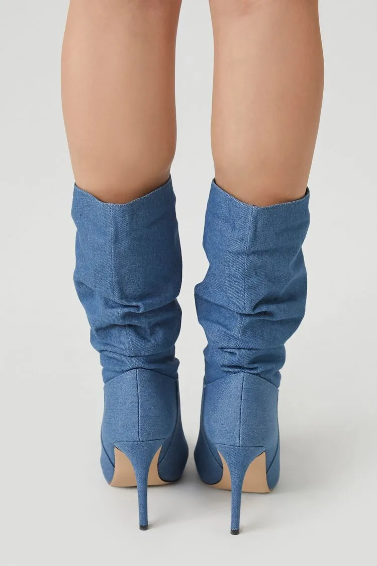 Ruched Denim Stiletto Boots