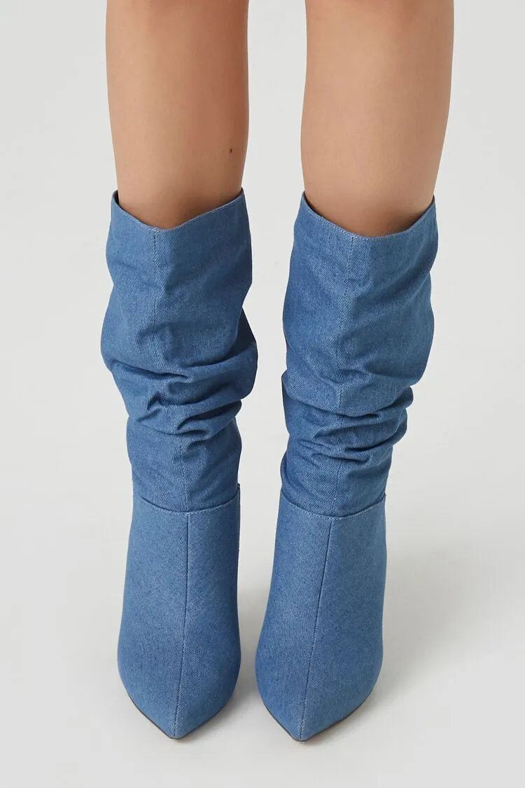 Ruched Denim Stiletto Boots