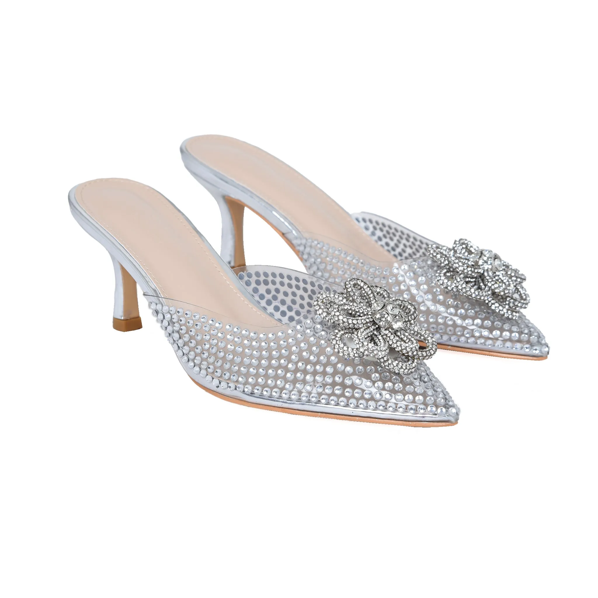 Silver Studded Mules with Crystal Bow | 495L-S