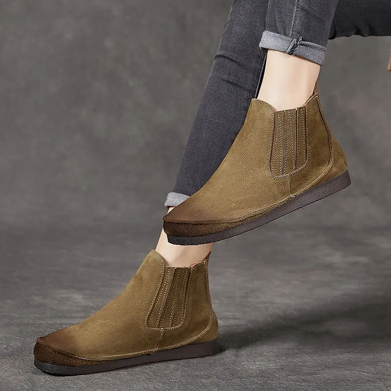 Soft Leather Barefoot Boots Elastic Band Ankle Boots Zero Drop Chelsea Boots in Red/Brown/Khaki