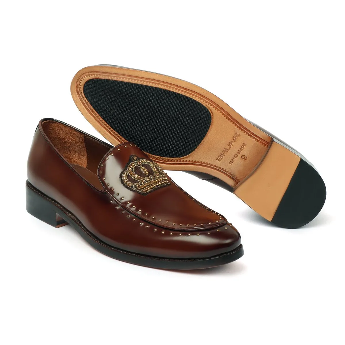 Studded Apron Leather Loafers in Wine Patent Crown Zardosi