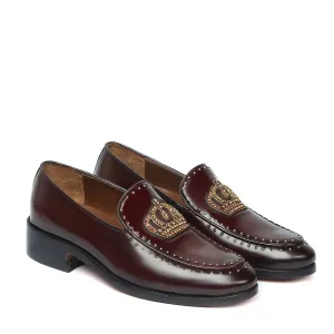 Studded Apron Leather Loafers in Wine Patent Crown Zardosi