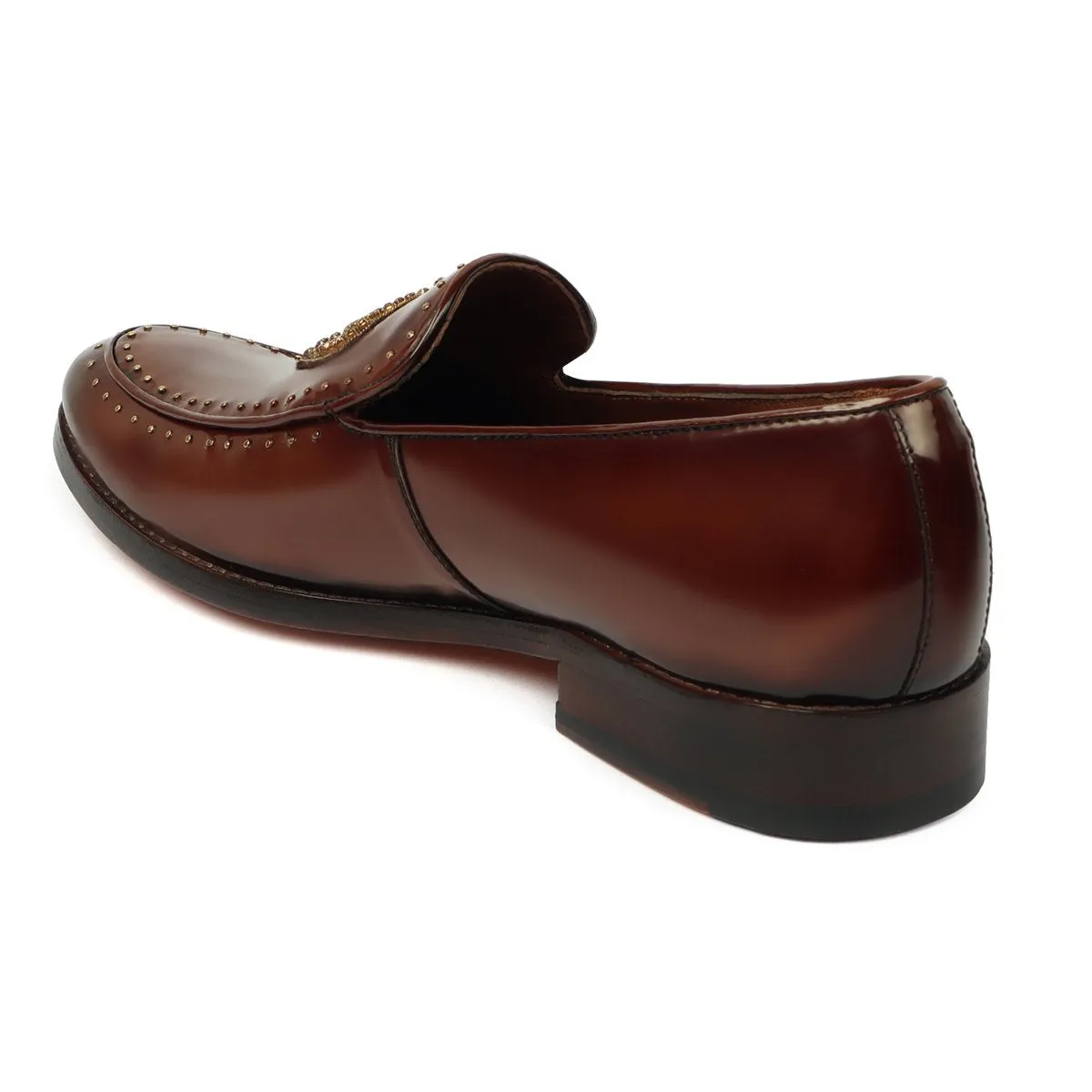 Studded Apron Leather Loafers in Wine Patent Crown Zardosi