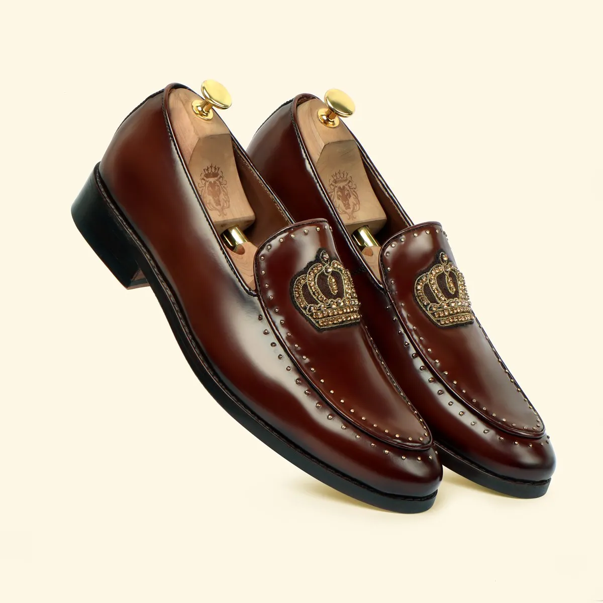 Studded Apron Leather Loafers in Wine Patent Crown Zardosi