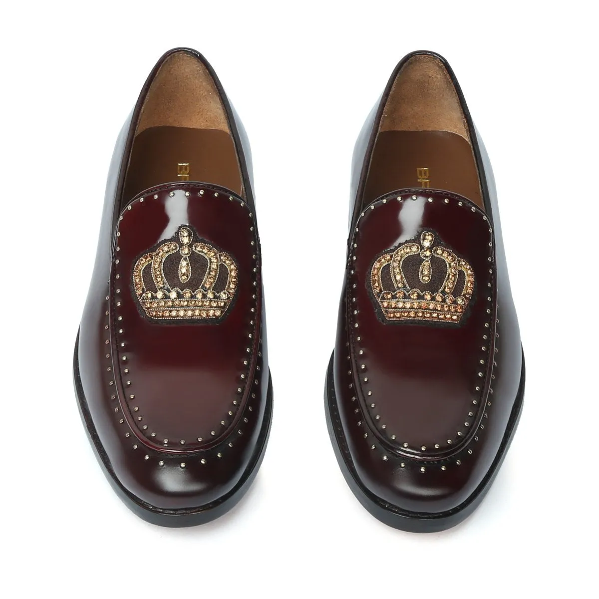 Studded Apron Leather Loafers in Wine Patent Crown Zardosi