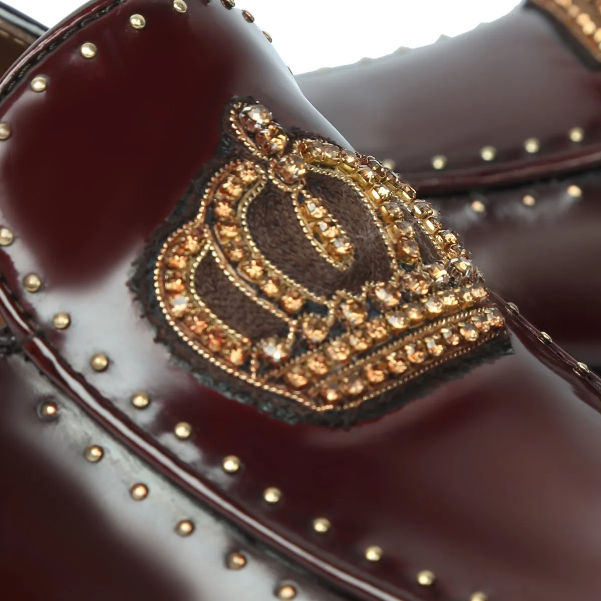 Studded Apron Leather Loafers in Wine Patent Crown Zardosi