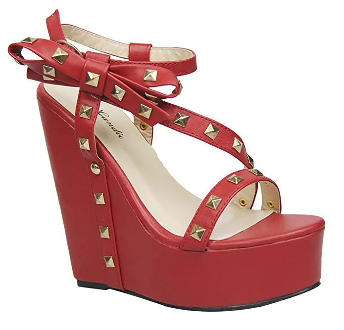 Studded Bows Strappy Open Toe Platform Wedge Sandal