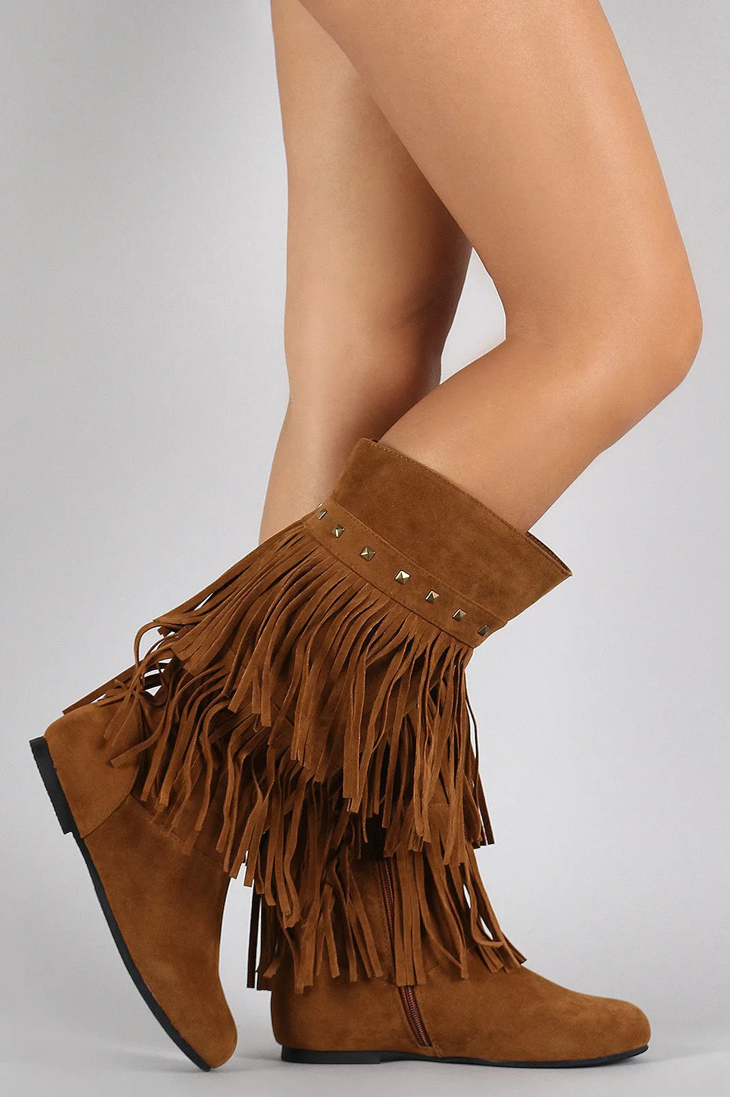 Suede Studded Layered Fringe Round Toe Knee High Boot