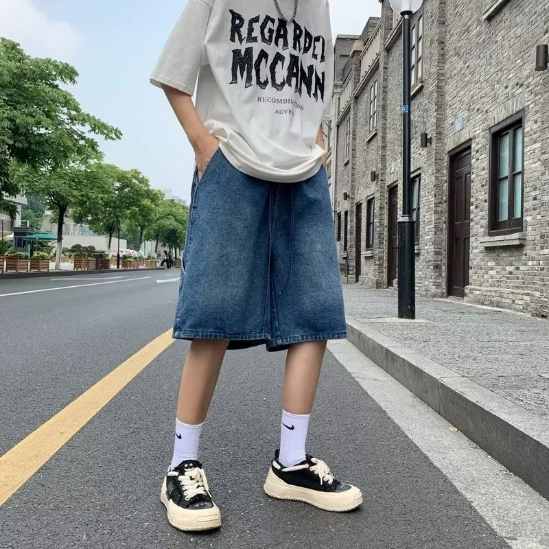 Summer Denim Shorts Men's Straight Casual All-Matching Fashion Brand Sports Japanese Hong Kong Style Youth Pu Shuai Fifth Pants