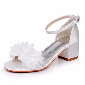 White Floral Satin Open Toe Low Chunky Heels