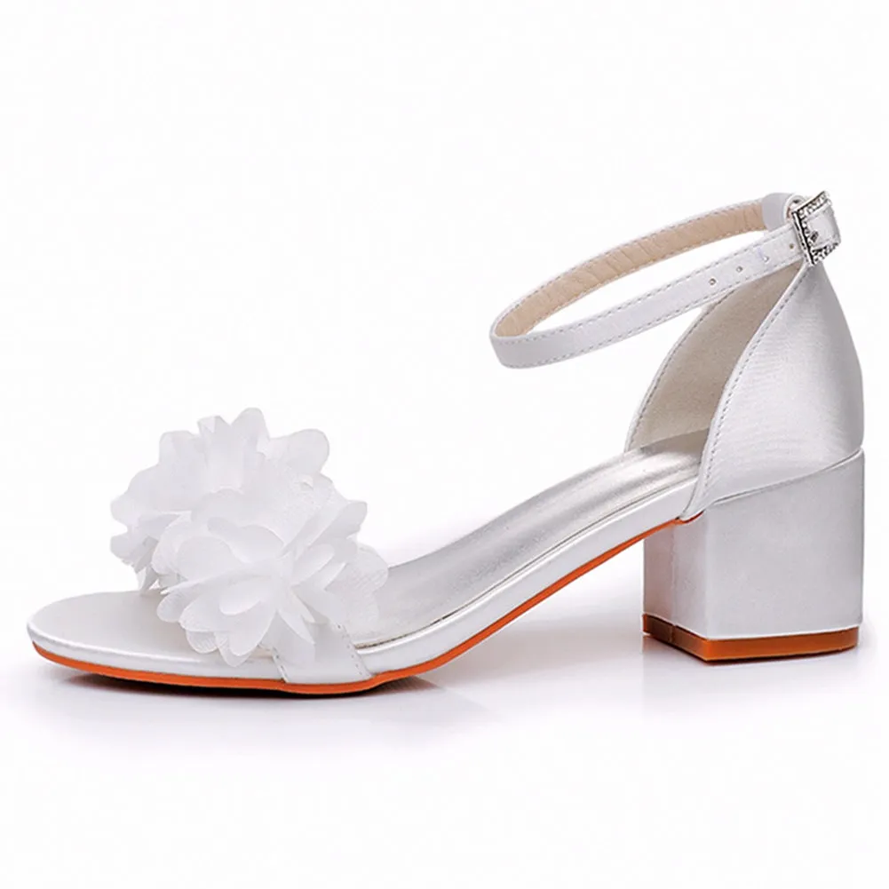 White Floral Satin Open Toe Low Chunky Heels