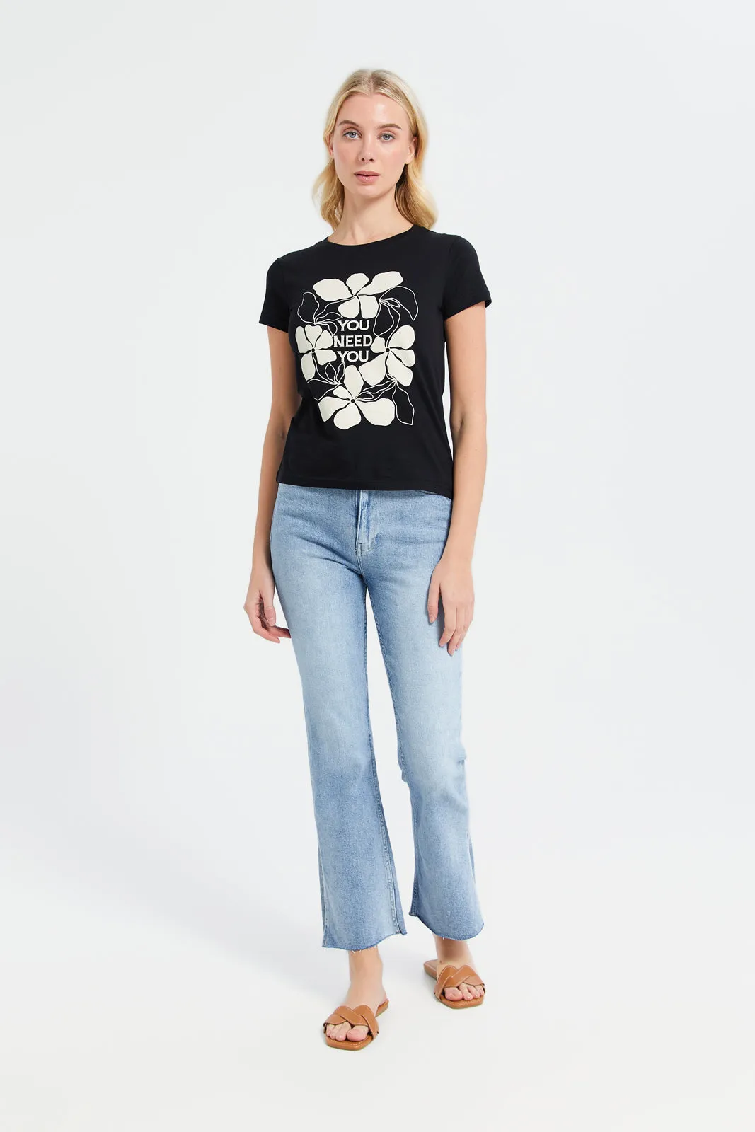 Women Black Printed T-Shirt