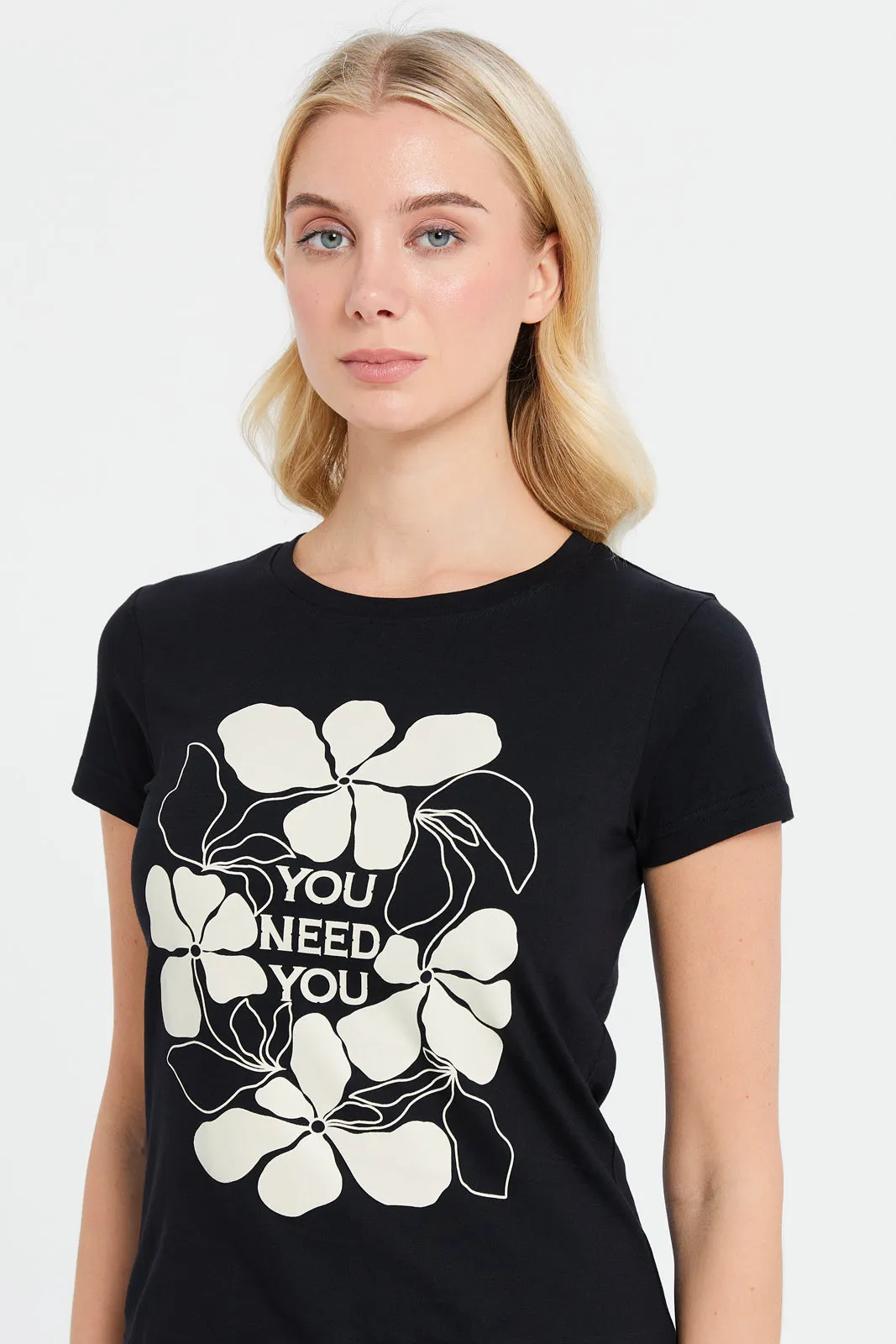 Women Black Printed T-Shirt