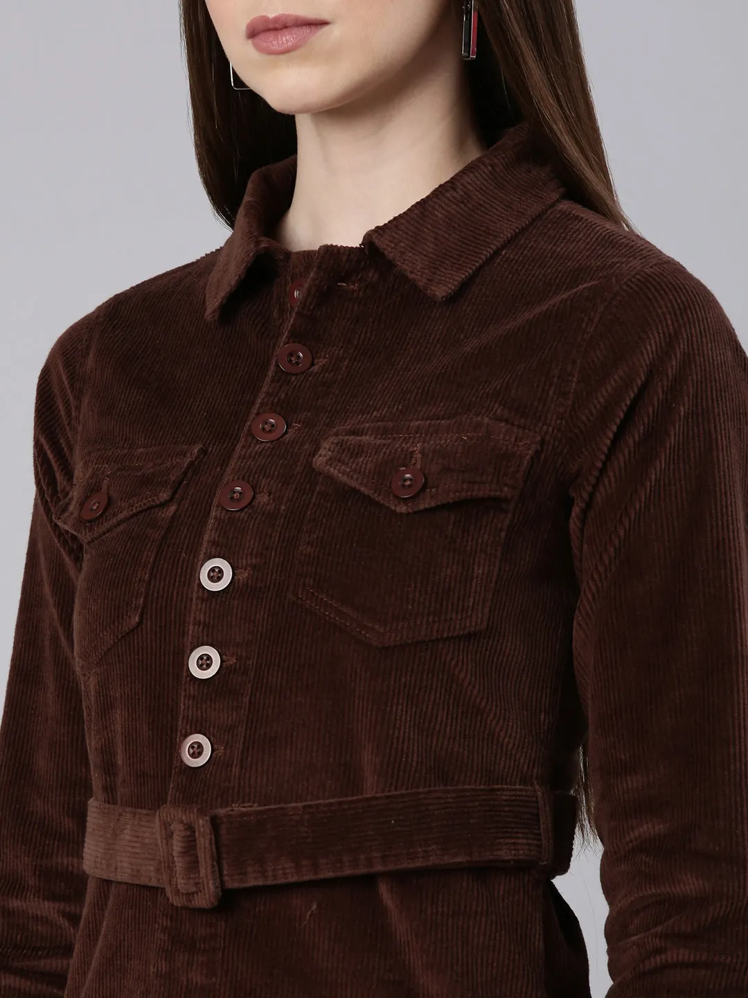 Women Coffee Brown Solid Shirt Dress