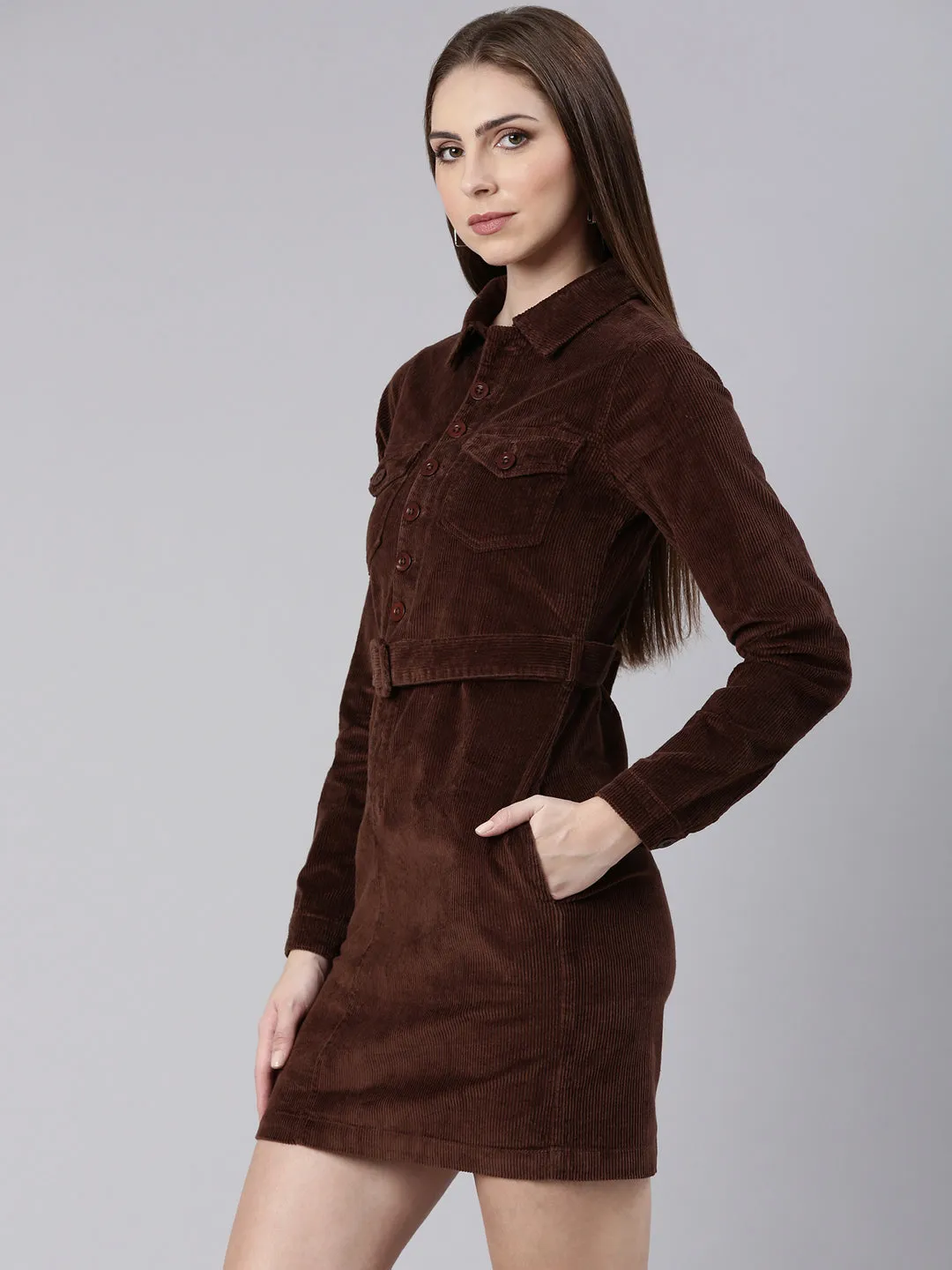 Women Coffee Brown Solid Shirt Dress