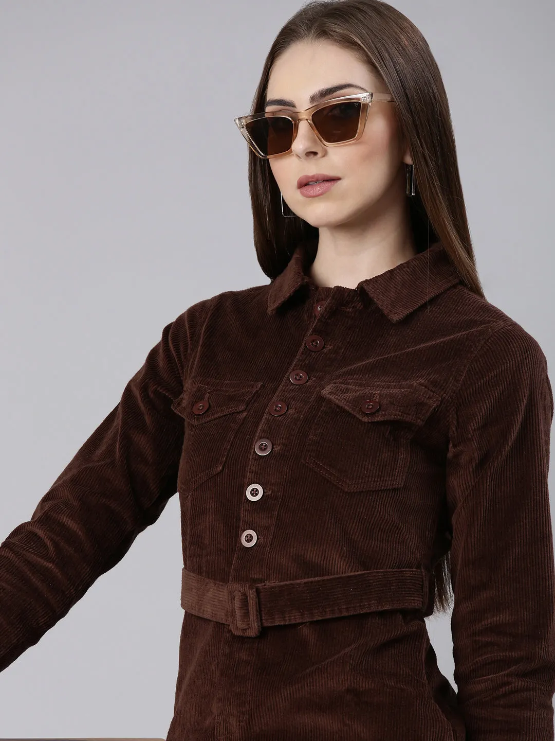 Women Coffee Brown Solid Shirt Dress