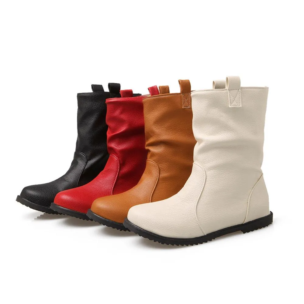 Women round toe solid color slip on mid calf boots