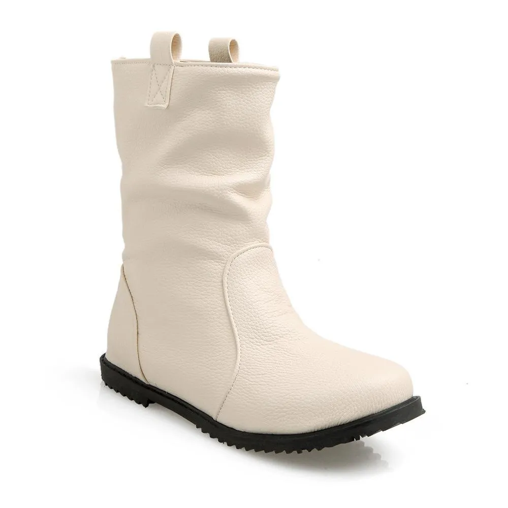 Women round toe solid color slip on mid calf boots