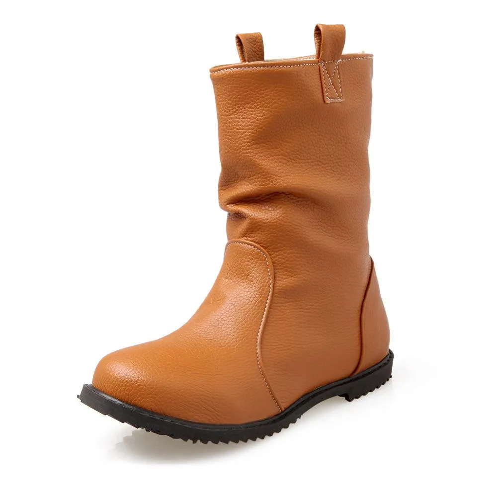 Women round toe solid color slip on mid calf boots