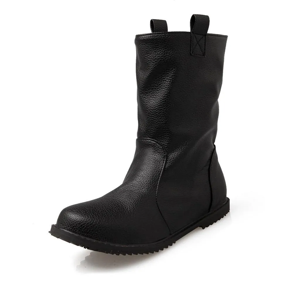 Women round toe solid color slip on mid calf boots